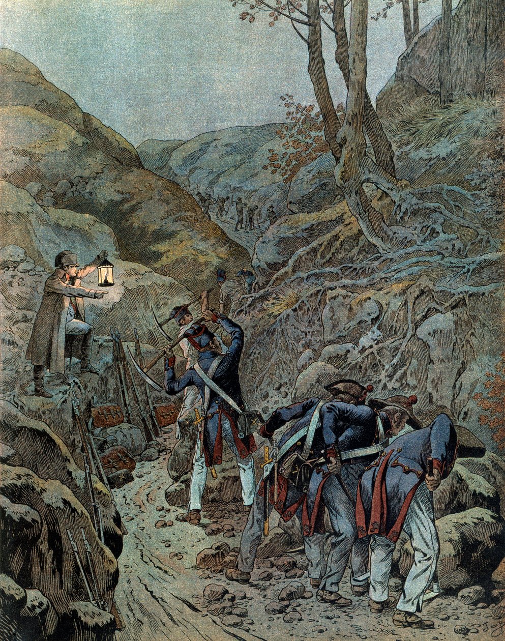Preussia Campaign (1806): Sotajoukot työskentelivät tykkikäytävän laajentamiseksi Iena-vuoren juurella taistelun aattona (joka heräsi 14. lokakuuta tekijältä pseudonym for Onfray de Breville Jacques Job