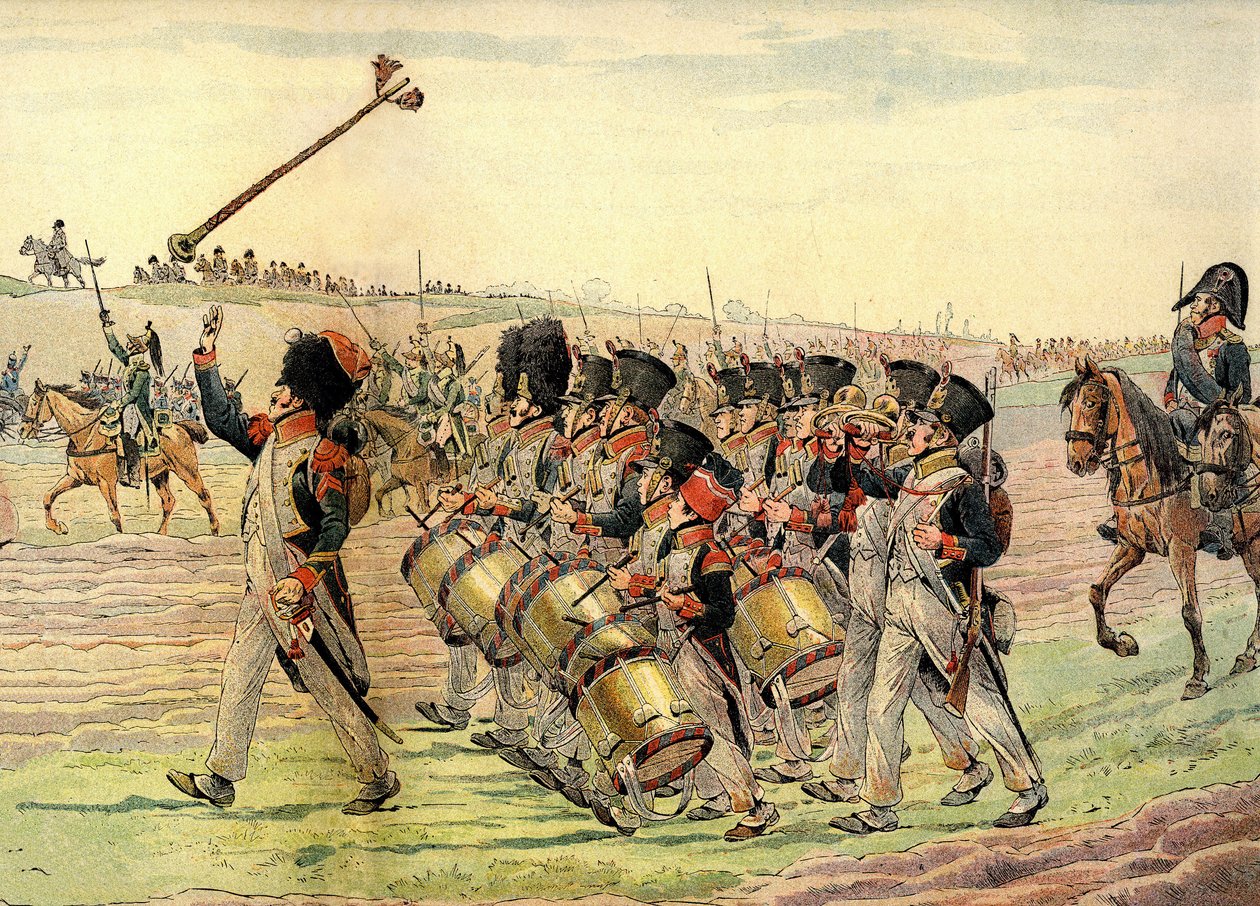 Napoleonin armeijan rykmentti marssi taisteluun musiikin soidessa, n. 1900 (painettu) tekijältä pseudonym for Onfray de Breville Jacques Job