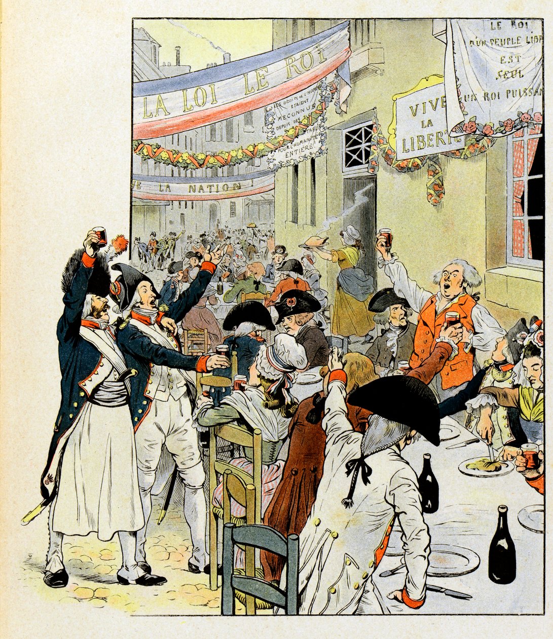 Vallankumouksellinen juhla-ateria Bastillen valloituksen jälkeen - Kuvitus Job (Jacques Marie Gaston Onfray ja Breville) (Jacques-Marie) (1858-1931) kirjalle "La Tour d