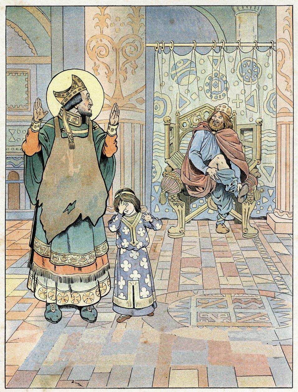 Saint Eloi (v.588-659) huomauttaa Ranskan kuninkaalle Dagobert I:lle (602 tai 605-638 tai 639), että hänen housunsa olivat ylösalaisin (alushousut ylösalaisin). teoksessa "Ranska, hänen tarinansa kertoi G. Montorgueil, kuva Job" 1896. Yksityinen kokoelma. tekijältä pseudonym for Onfray de Breville Jacques Job