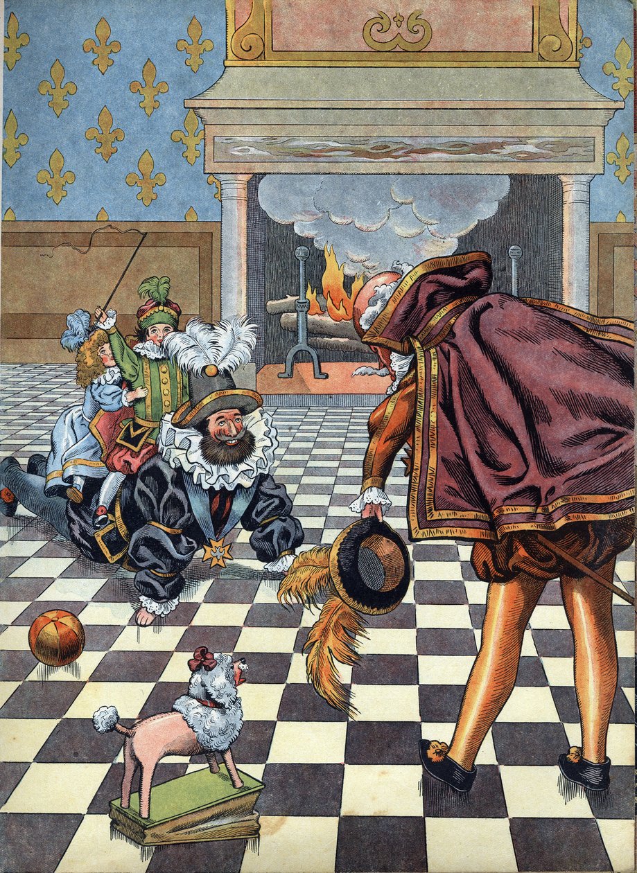 Kohtaus Ranskan historiasta leluissa: Ranskan kuningas Henri IV (1553-1610) leikkii lastensa kanssa Espanjan suurlähettilään edessä. "" Joujoux a l