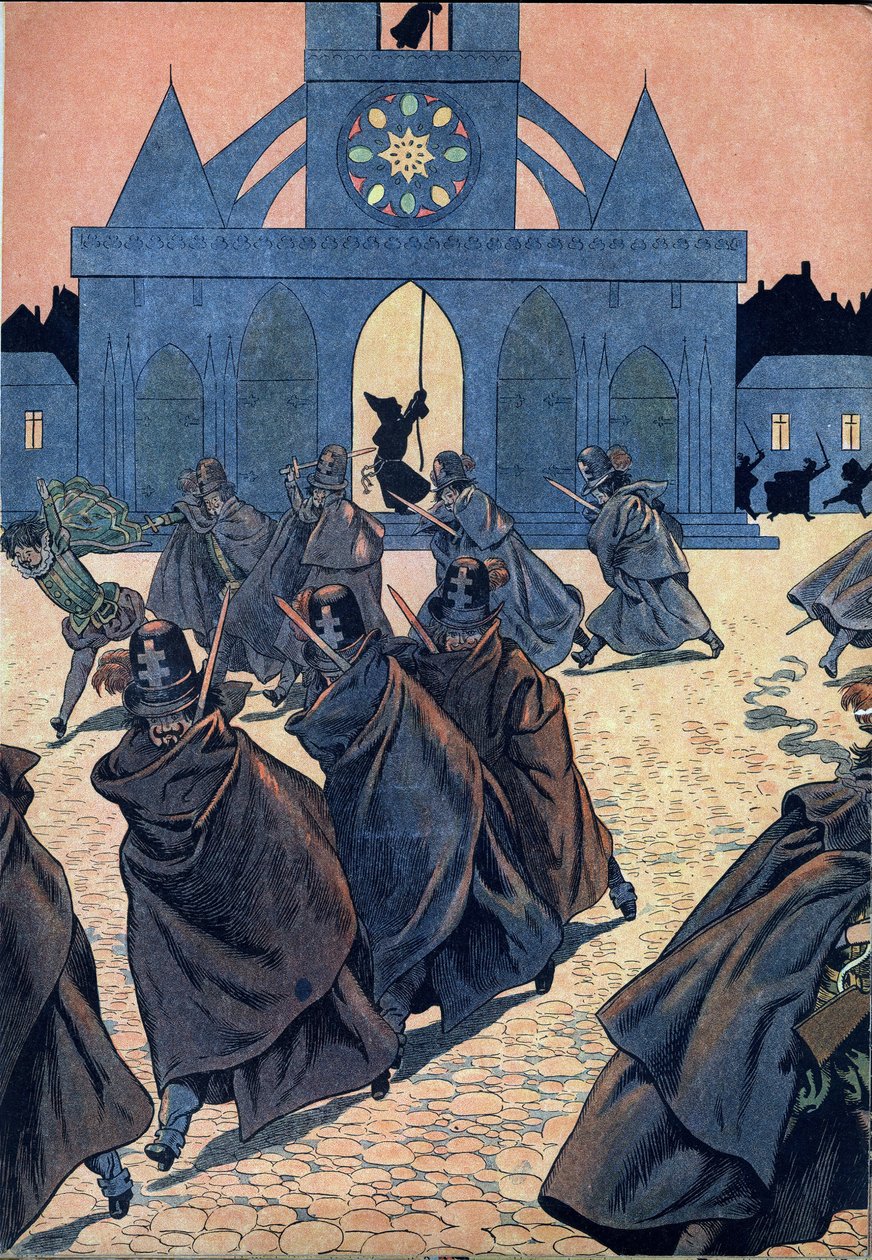 Kohtaus Ranskan historiasta leluissa: La Saint Barthelemy (Saint-Barthelemy). Munkki soittaa Saint Germain l