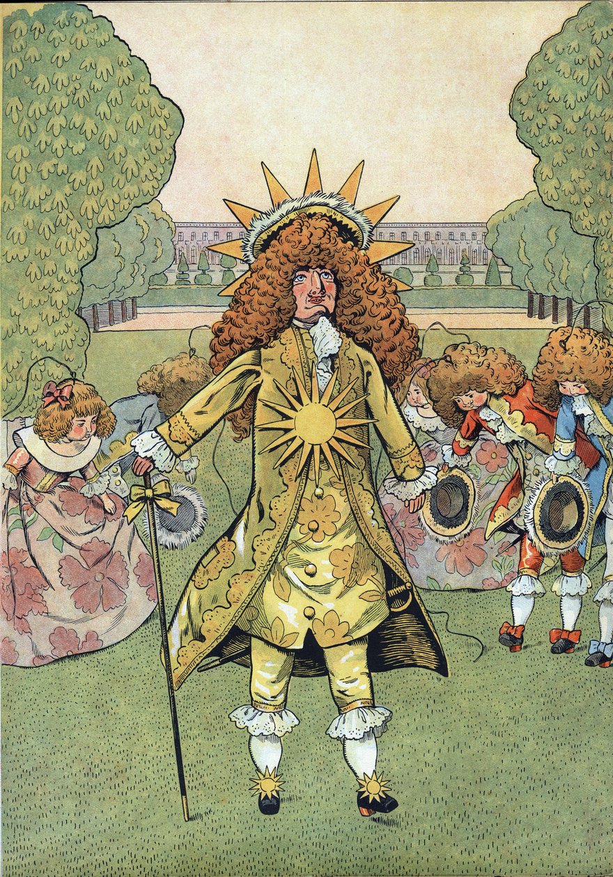 Kohtaus Ranskan historiasta leluissa: Ranskan kuninkaan Ludvig XIV:n (1638-1715) muotokuva sanoi Aurinkokuningas Versailles