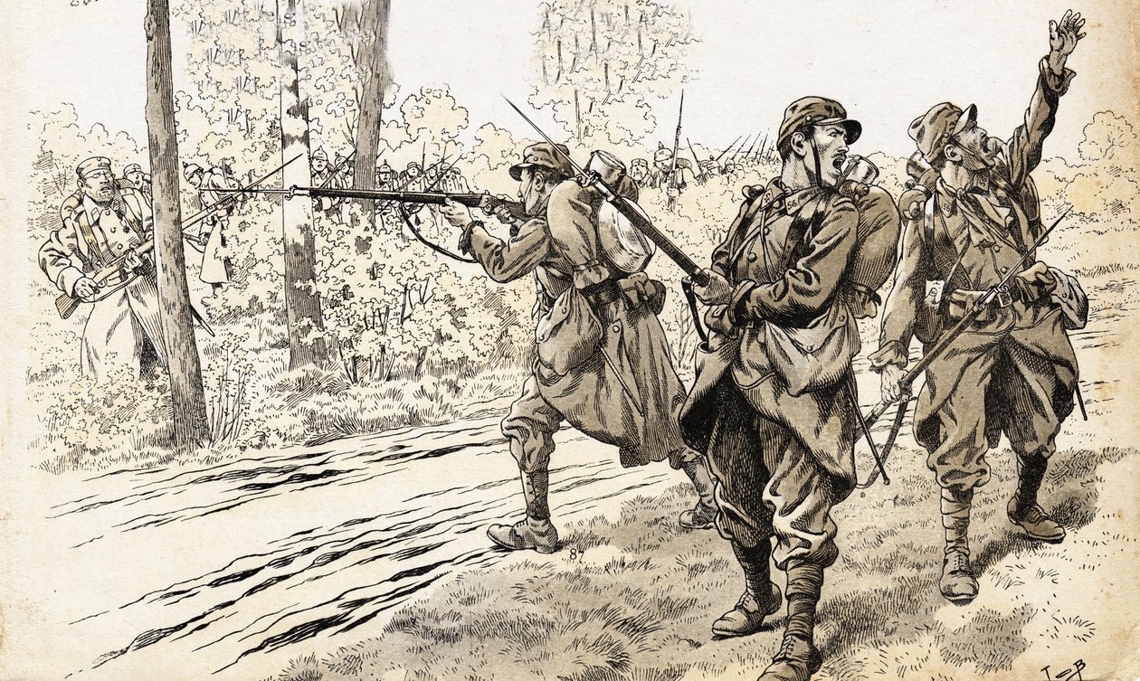 Ammu heidät! Vuosien 1914-1918 sodan ranskalaiset sotilaat lähetettiin partioon tunnistamaan vihollisen vahvuus ja tarkka sijainti. Löydettyään saksalaiset joukot he antoivat tulikäskyn murehtimatta jäävänsä tulipalojen väliin. Kuva Jobista (J tekijältä pseudonym for Onfray de Breville Jacques Job