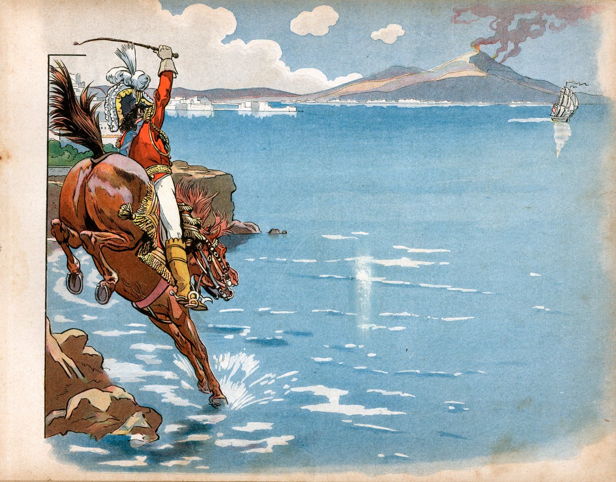 Englantilaiset ratsastivat osavaltionsa rannikoilla, ja ratsastaessaan merenrannalla Napolin kuningas Joachim Murat (1767-1815) näki englantilaisen fregatin, työnsi hevosensa veteen ja hyökkäsi. Kaiverrus Jacques Marie Gaston Onfray de Breville tekijältä pseudonym for Onfray de Breville Jacques Job