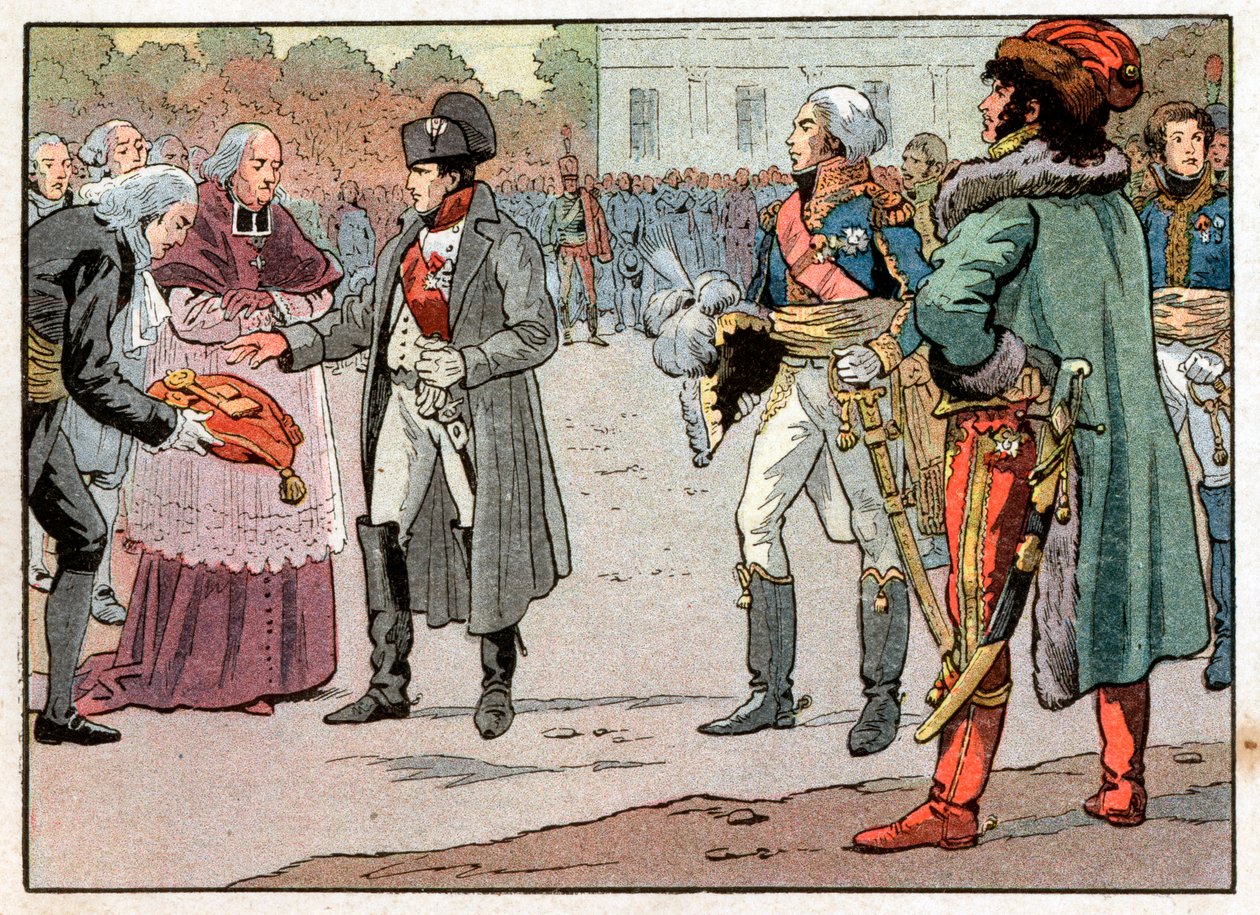 Wienin puolustajat luovuttivat Napoleon I Bonapartelle (1769-1821) kaupungin avaimet Joachim Muratin (1767-1815) läsnäollessa 14.11.1805. Kaiverrus Jacques Marie Gaston Onfray de Breville dit Job (1858-1931) tekijältä pseudonym for Onfray de Breville Jacques Job