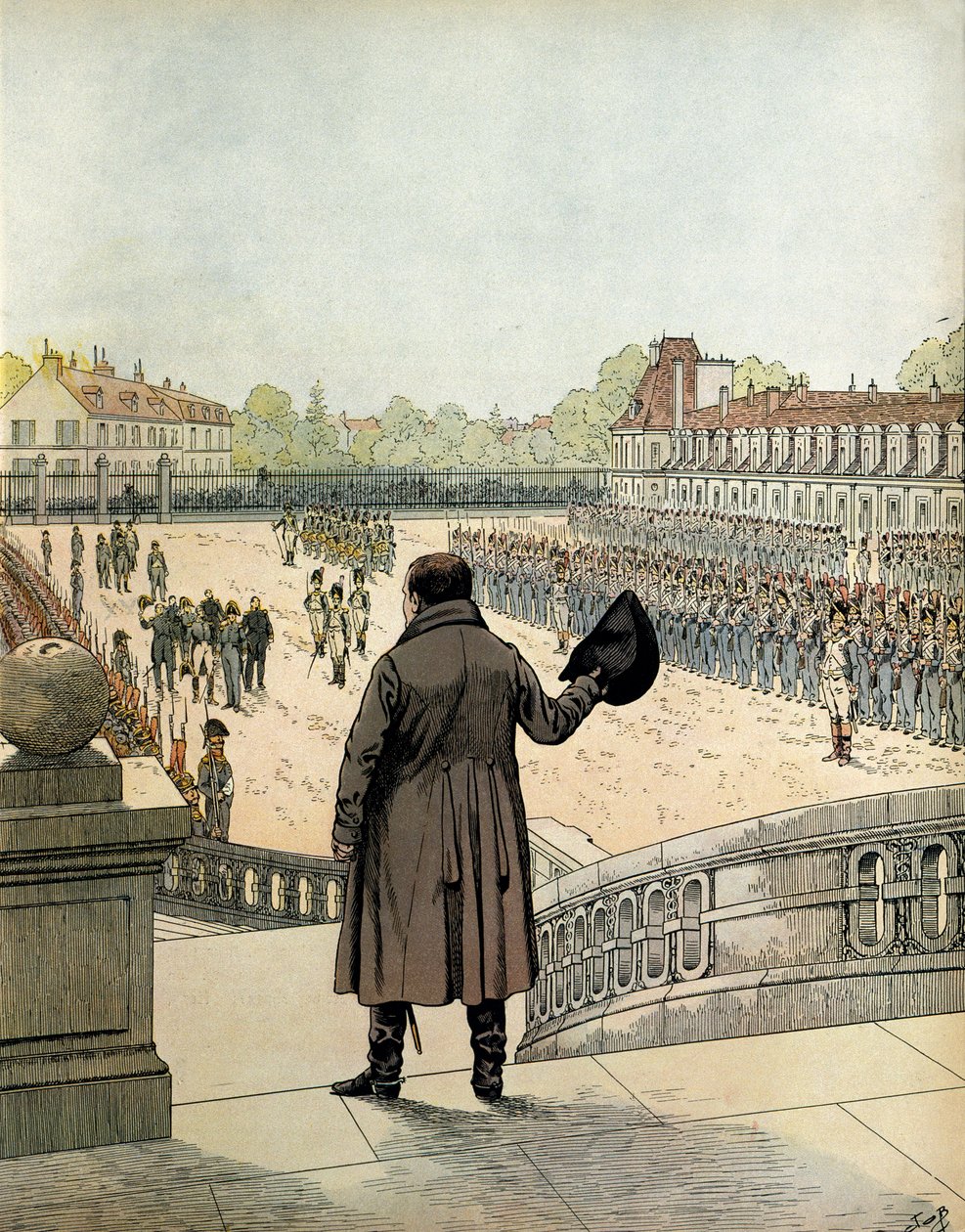 Napoleon I Bonaparten (1769-1821) jäähyväiset Cheval Blancin pihalla Fontainebleaussa 20. huhtikuuta tekijältä pseudonym for Onfray de Breville Jacques Job