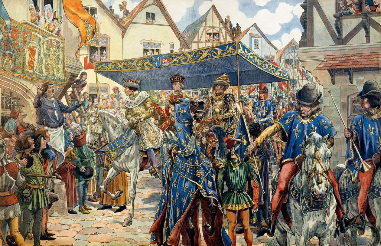 Ranskalaisen Ludvig XI:n, joka tunnetaan nimellä Varovainen (1423-1483), voittokulku Pariisissa 30. elokuuta tekijältä pseudonym for Onfray de Breville Jacques Job