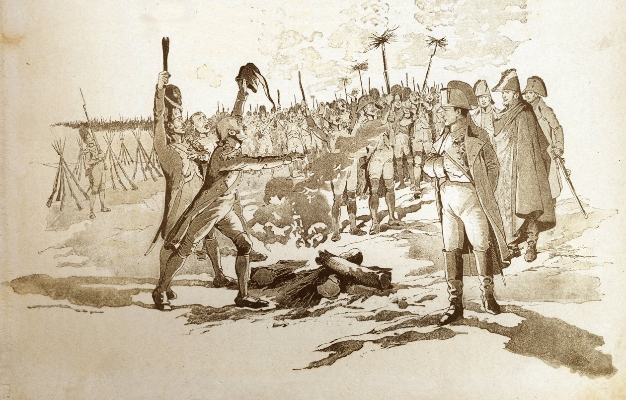 Sinun ei tarvitse paljastaa itseäsi, tuomme sinulle lestarin liput ja kanonit ennen Austerlitzin taistelua, kun Napoleon I Bonaparte (1769-1821) vieraili bivouaceissa. Kuvitus Jobista (Jacques Marie Gaston Onfray ja Breville) (Jacques- tekijältä pseudonym for Onfray de Breville Jacques Job