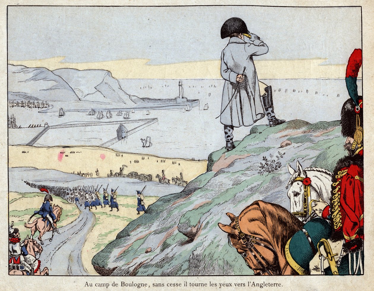 Napoleonin johtaman Englannin armeijan hyökkäysprojekti Englannin Boulogne-sur-Merin leiristä maaliskuussa 1803 - Jobin litografia tekijältä pseudonym for Onfray de Breville Job
