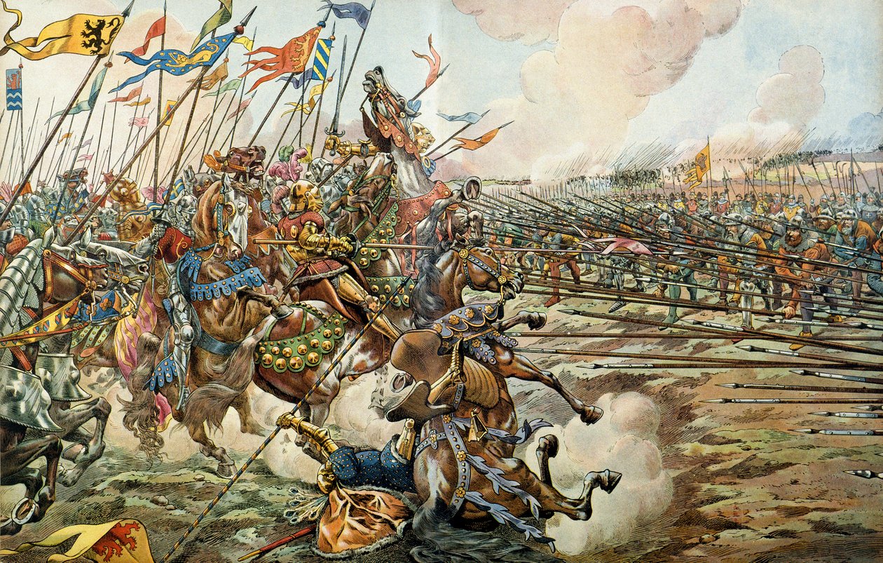 Pojanpojan taistelu burgundilaisten ja sveitsiläisten välillä Grandsonissa, Sveitsissä 2. maaliskuuta 1476. Kuvitus: Jacques Marie Gaston Onfray de Breville dit JOB tekijältä pseudonym for Onfray de Breville Job