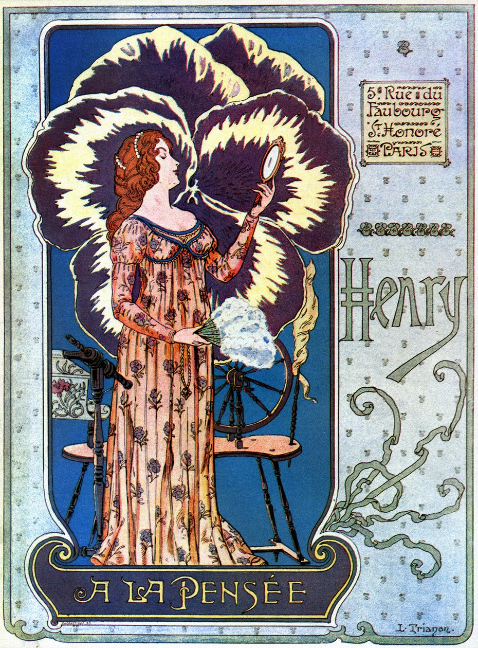 Art Nouveau: mainosjuliste kosmetiikkaliikkeelle "Henry a la Thought" Pariisissa. Nuori nainen ihailee itseään peilissä, takanaan ajatuksen kukka. Kuva L. Trianonista tekijältä pseudonym of Trinquier Louis Trinquier Trianon