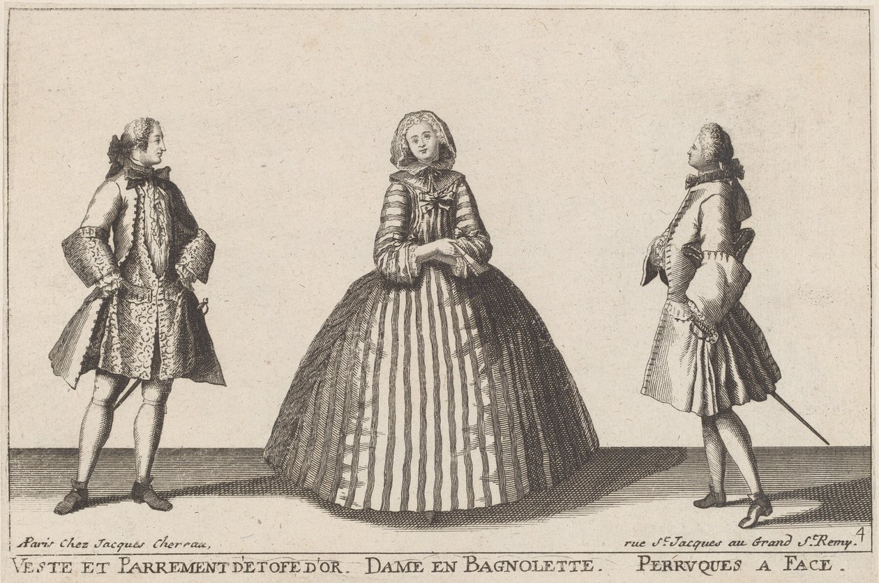 Takki ja kultainen kangaspäällinen/nainen Bagnolette/Faced Wigs -puvussa tekijältä published by Jacques Chéreau