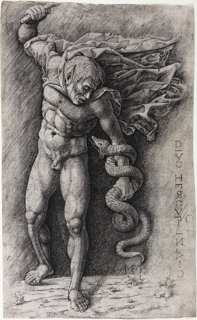 Faun hyökkää käärmettä vastaan tekijältä school of Andrea Mantegna