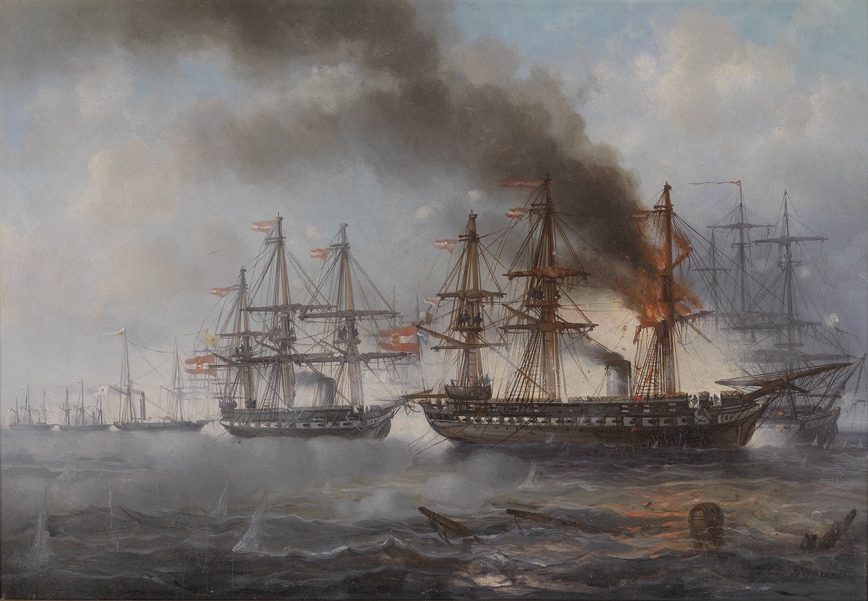 Das Seegefecht bei Helgoland 1864 (die brennende österreichische Fregatte Schwarzenberg, dahinter die Fregatte Radetzky) tekijältä Josef Karl Berthold Puttner