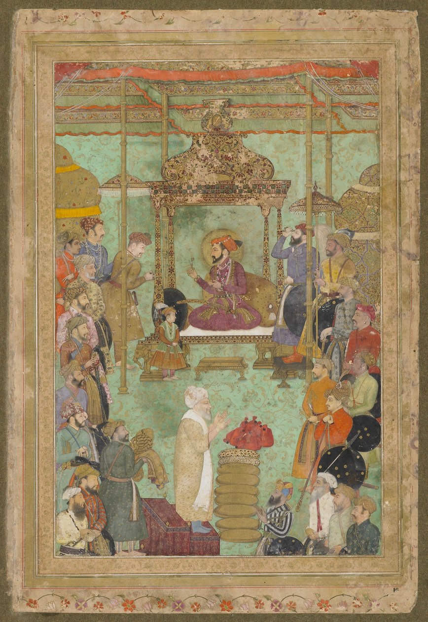 Shah Jahan valtaistuimelle Mahabat Khanin ja Shaykhin kanssa, "The Padshahnama", 1629-30 tekijältä son of Aqa Riza Abid