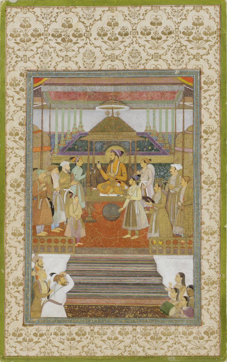 Keisari Shah Jahan "riikinkukkotrionilla", 1640 (läpinäkymätön wc ja kulta paperille). tekijältä son of Aqa Riza Abid