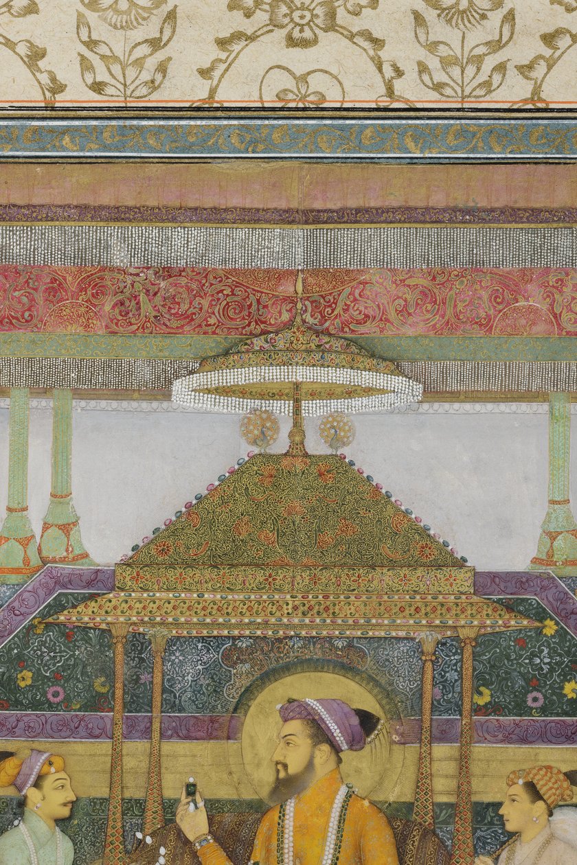 Yksityiskohta Keisari Shah Jahanista riikinkukon valtaistuimella, 1640 (läpinäkymätön wc ja kultaa paperilla) tekijältä son of Aqa Riza Abid