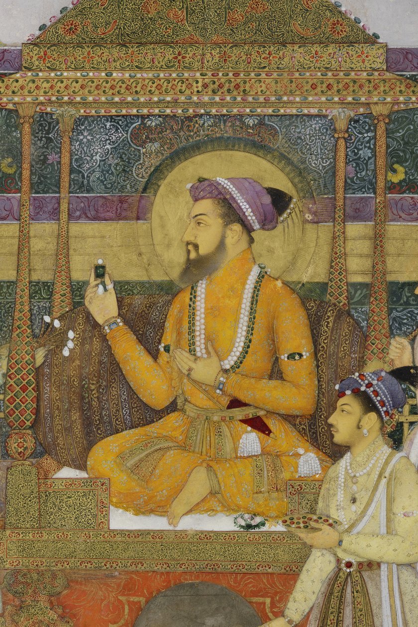 Yksityiskohta Keisari Shah Jahanista riikinkukon valtaistuimella, 1640 (läpinäkymätön wc ja kultaa paperilla) tekijältä son of Aqa Riza Abid