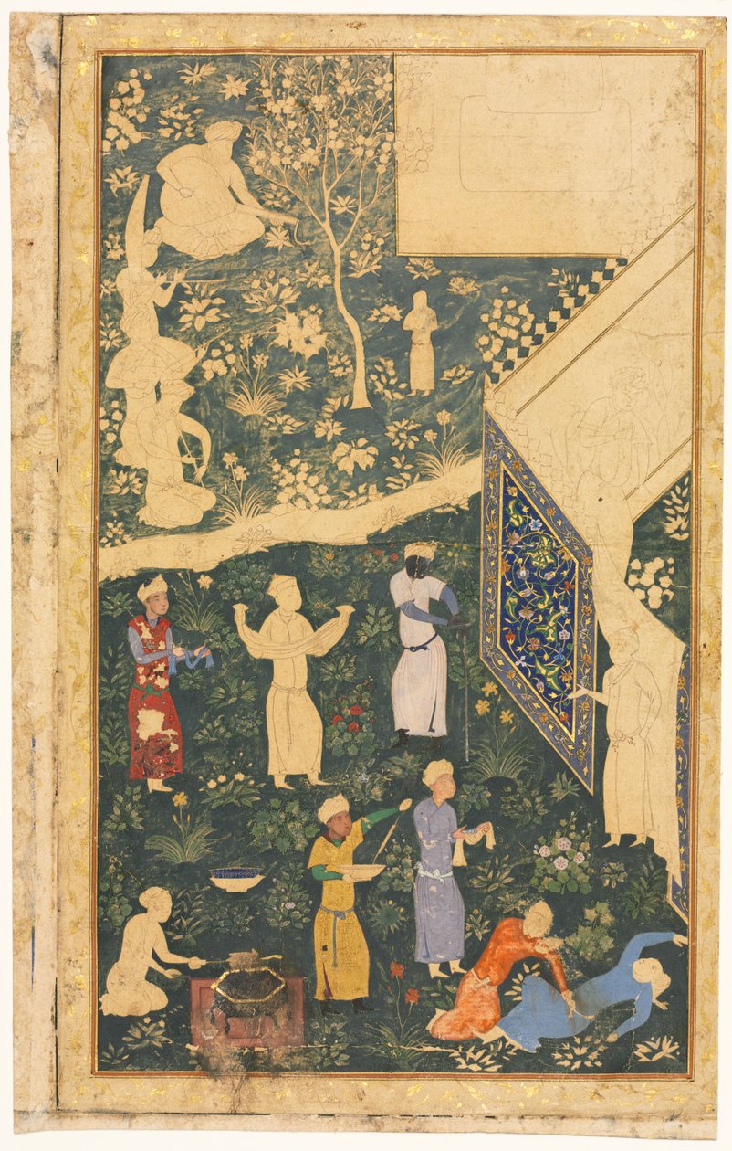 Kaksisivuisen albumin vasen puoli: Outside a Royal Campment (recto) tekijältä style of Bihzad