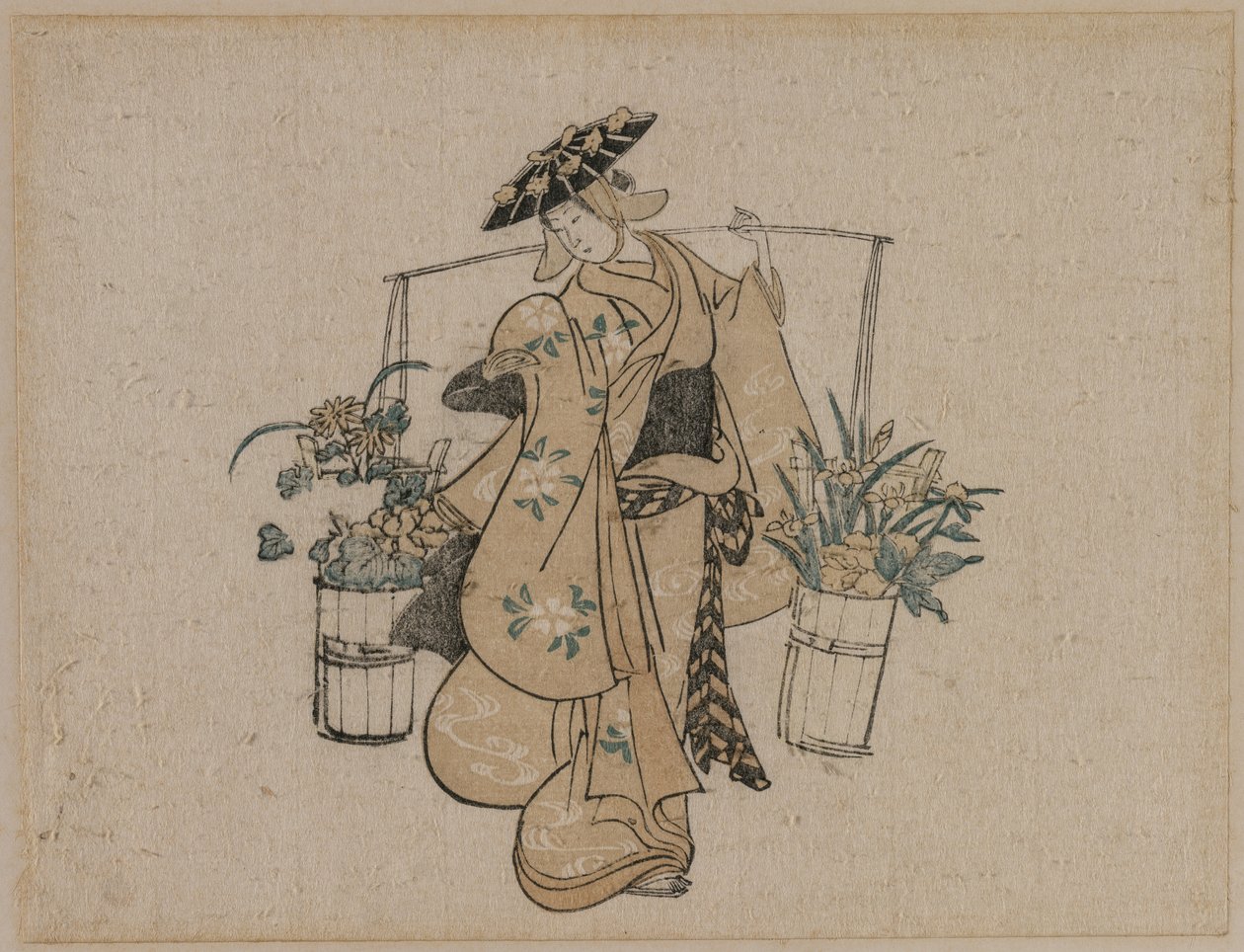 Una bellesa que porta dos galledes de flors finnès tekijältä style of Torii Kiyomasu