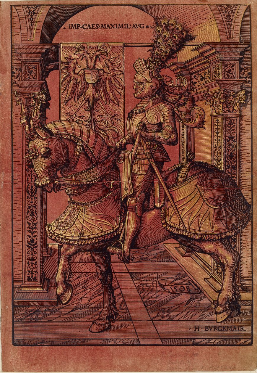 Keisari Maximilian I, aseistettu hevosen selässä, 1508 tekijältä the Elder Hans Burgkmair