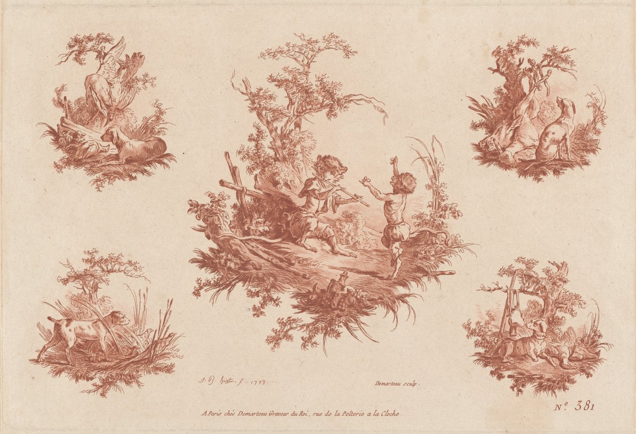Singerie neljän metsästyskoiran vinjetin kanssa tekijältä the Elder and Jean Baptiste Hüet Gilles Demarteau
