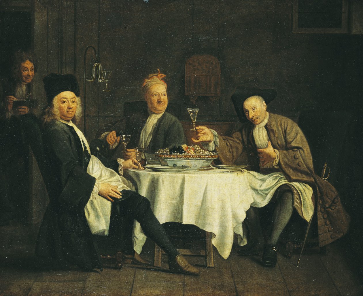 Runoilija Alexis Piron (1689-1773) pöydässä ystäviensä Jean Joseph Vaden (1720-57) ja Charles Collen (1709-83) kanssa tekijältä Étienne Jeaurat