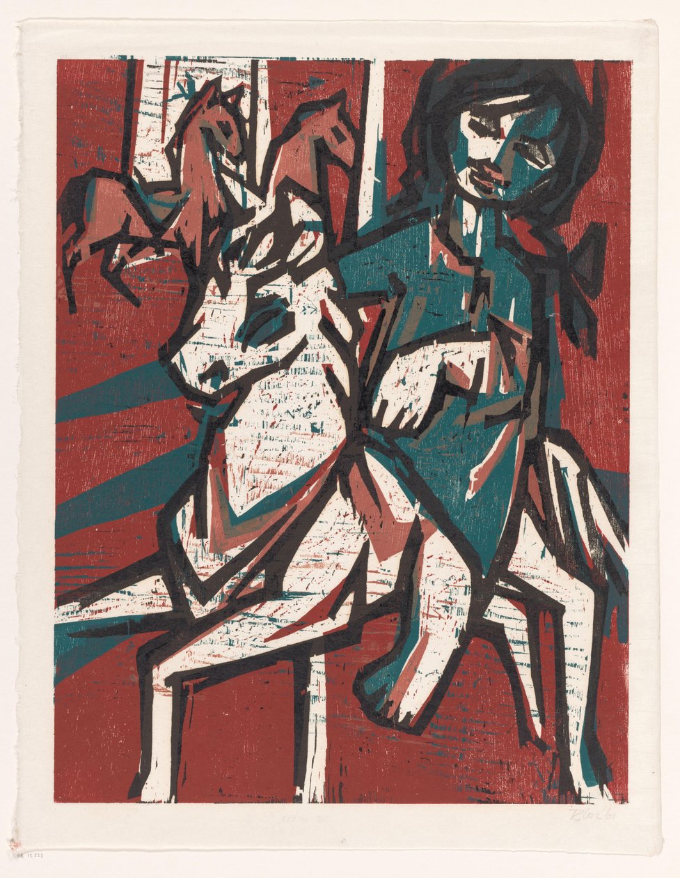 Nainen hevosen selässä kahden muun hevosen edessä tekijältä unknown (signed by artist)