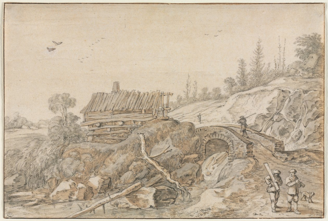 Mäkinen maisema kota puron vieressä, 1627. tekijältä van de Velde Esaias