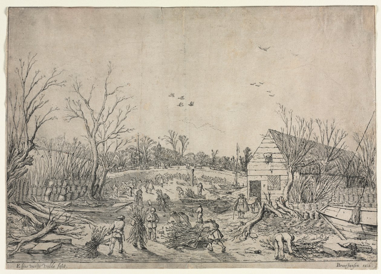 Suuri tulva 10. tammikuuta 1624 tai Vianen, 1624 Lek-joen murtuneen padon korjaaminen. tekijältä van de Velde Esaias