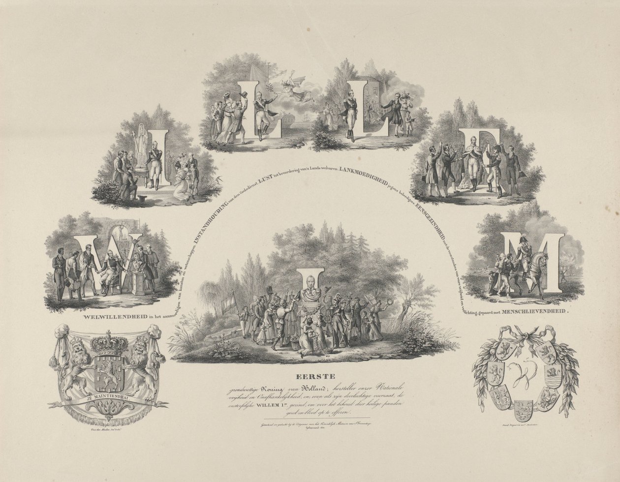 Allegoria kuningas Vilhelm I:n hyveistä, 1831 Vilhelm I Hollannin ensimmäinen perustuslaillinen kuningas, kansallisen vapautemme ja itsenäisyytemme palauttaja (...) (otsikko esineessä) tekijältä van der Meulen