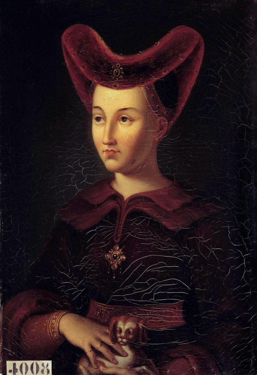 Burgundin herttuattaren Marguerite de Bavieren muotokuva (1363-1423) Vincent Nicolas Raveratin (1801-1865) maalaus alkuperäisestä vuodelta 1423. 1847. Aurinko 0,42x0,3 m tekijältä vincent Nicolas Raverat