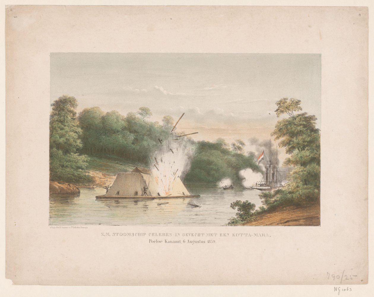 Z.M. Steamship Celebes taistelussa kotta-maran kanssa. Poeloe Kanamit, 6. elokuuta 1859 (otsikko esineessä) tekijältä weduwe Elias Spanier and Zn