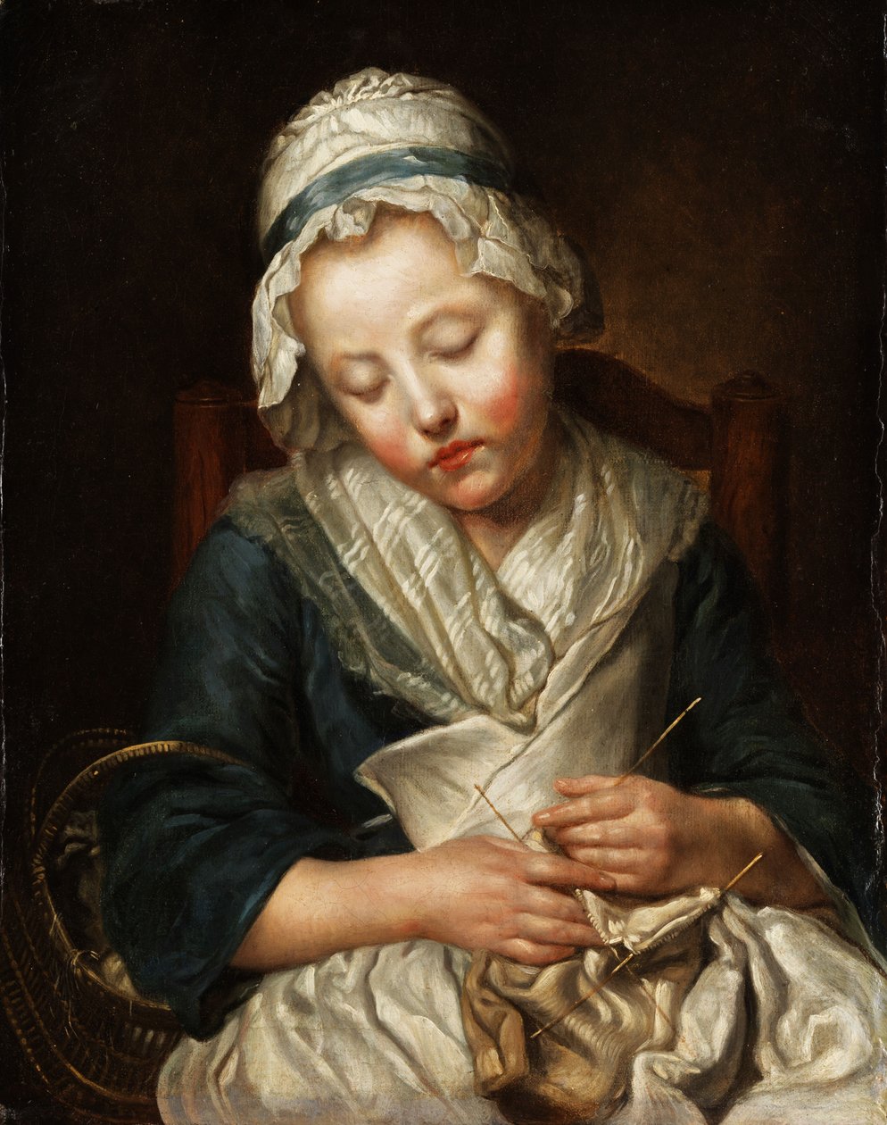 Tricoteuse -endormie. (Beim Stricken eingeschlafenes Mädchen). tekijältä workshop of Jean Baptiste Greuze