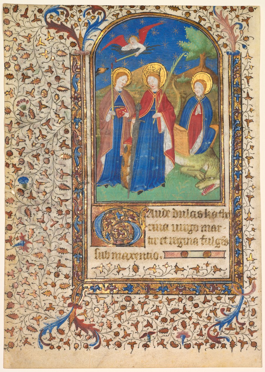 Lehti tuntikirjasta: Sts. Geneviève, Katariina Aleksandrialainen ja Margaret (recto) tekijältä workshop of Boucicaut Master