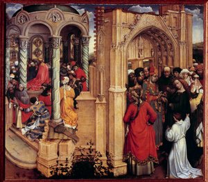 Robert Campinin Flemallen mestariksi (1375-1444) kutsuma puumaalaus Neitsyen häät 1400-luvun aurinko. 0,77 x 0,88 m Madrid, Prado-museo - Neitsyen häät. Flemallen mestarina tunnetun Robert Campinin (1375-144) maalaus puulle