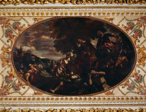 Scutarin puolustus, gallerian katto, Chiswick House, Lontoo (öljy kankaalle) tekijältä (1528 88) (after) Veronese