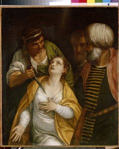 Pyhän Justinuksen marttyyri. Justina Padovalainen (syntynyt 3. vuosisadalla-304), antiikin Rooman marttyyri, lävistettiin miekalla. Paolo Veronesen (1528-1588) maalaus öljy kankaalle. italialainen taide (Venetsia)