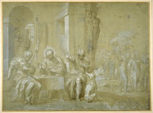 The Supper at Emmaus, n. 1550 (kynä, musta muste ja ruskea pesu paperille) tekijältä Veronese