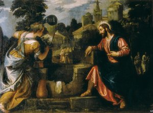Kristus ja samarialainen nainen kaivolla. Paolo Caliarin maalaus sanoi Paolo Veronese (1528-1588), 1580. Real Monasterio de San Lorenzo de El Escorial. tekijältä Veronese