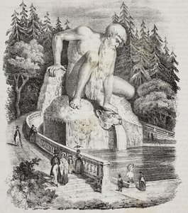 Apenniinien kolossi (Giambologna) Villa Demidoffin puistossa (Villa Medicea of ​​​​Pratolino), Vaglia, Toscana, Italia, Giovanni Marianin litografia Poliorama Pittorescosta, n:o 10, 15. lokakuuta