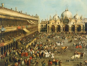 Härkätaistelut tai häränmetsästys Piazza San Marcolla, kirjoittaneet Giovanni Antonio Canal (1697-1768) ja Giovanni Battista Cimaroli (1687-1753 jälkeen), öljy kankaalle, 99x145 cm tekijältä Canaletto