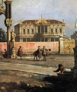 Yksityiskohta kaupunkitalosta ja julkisesta aukiosta (öljy kankaalle) tekijältä Canaletto