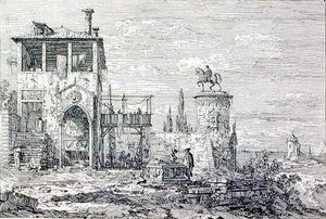 Maisema ja hevosmonumentti (kaiverrus) tekijältä Canaletto