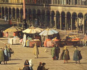 Piazza San Marco (Pyhän Markuksen aukio) basilikasta kohti San Geminianon kirkkoa ja Procuratie Nuove (prokuraattorien rakennukset), Venetsia, Giovanni Antonio Canalin varrella, tunnetaan nimellä Canaletto (1697-1768), Öljy kankaalle, 68,5x93,5 cm , noin 1