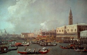 Bucentaurin paluu laiturille helatorstaina, noin 1760, Giovanni Antonio Canal, joka tunnetaan nimellä Canaletto (1697-1768), öljy kankaalle
