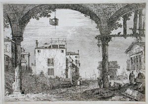 Näkymä pelihallin läpi kohti rannikon rakennuksia (etsaus) tekijältä Canaletto
