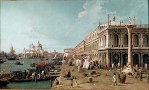 Näkymä Mololle, Biblioteca Marcianalle ja Pyhän Theodoren pylväälle, Venetsia tekijältä Canaletto