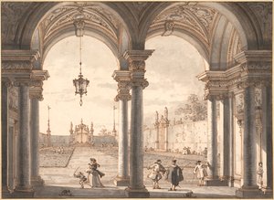 ""Näkymä barokkipylväikköstä puutarhaan"" (Näkymä barokkipylväikköstä puutarhaan) Kynäpiirros Antonio Canal dit Canaletto (1697-1768) 1760-1768 Koko 33,1x45,4 cm Albertina , Wien tekijältä Canaletto